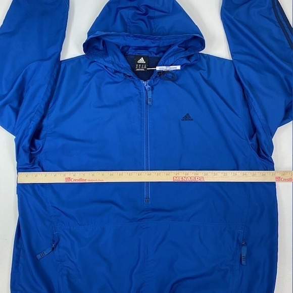 Adidas XL Blue Windbreaker Hooded 1/2 Zip Pullover‎ 3 Stripe Jacket - Picture 3 of 10